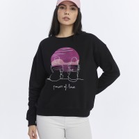 Kadife Gün Batımı Desenli Siyah Yumuşak Dokulu Regular Fit Bisiklet Yaka Kadın Sweatshirt