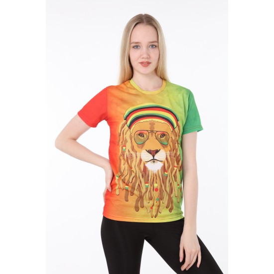 Hippi Aslan Baskılı Çok Renkli Slim Fit Tişört | Uniseks