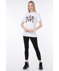 Üç Maymun Baskılı Beyaz Tişört | Uniseks