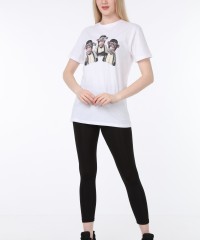 Üç Maymun Baskılı Beyaz Tişört | Uniseks
