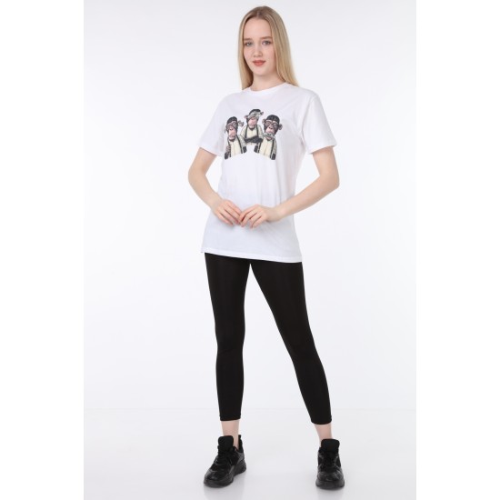 Üç Maymun Baskılı Beyaz Tişört | Uniseks
