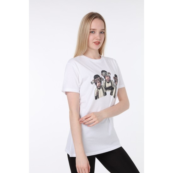 Üç Maymun Baskılı Beyaz Tişört | Uniseks