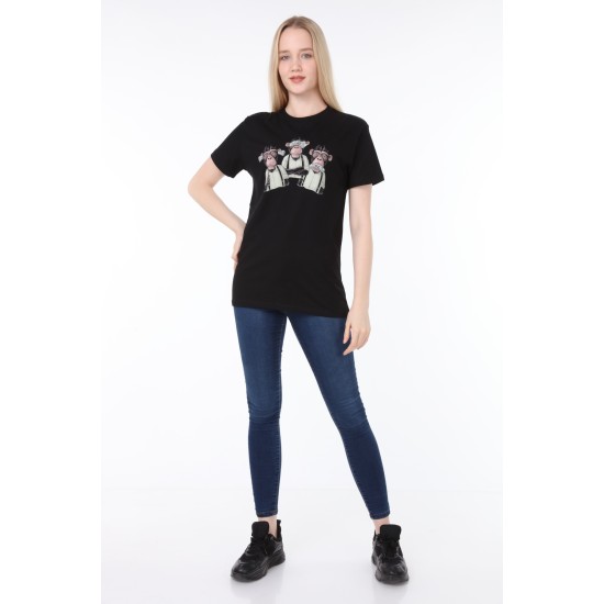 Üç Maymun Baskılı Siyah Tişört | Uniseks