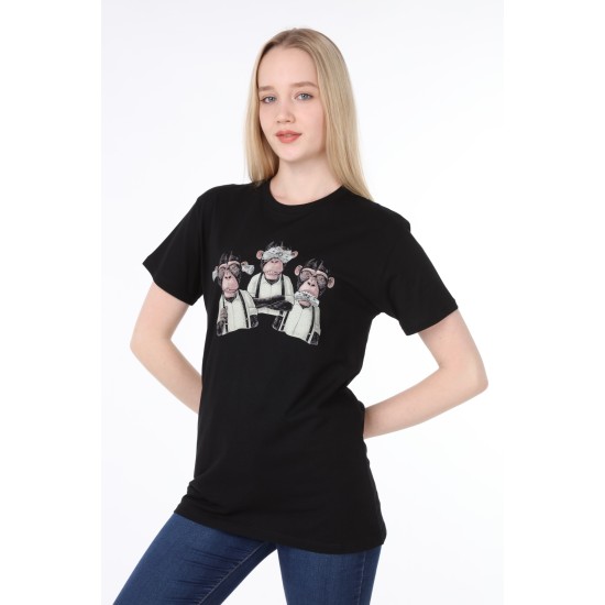 Üç Maymun Baskılı Siyah Tişört | Uniseks