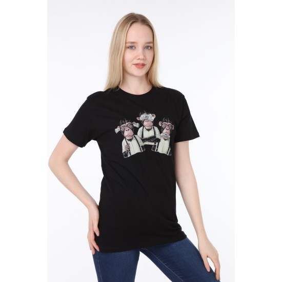 Üç Maymun Baskılı Siyah Tişört | Uniseks