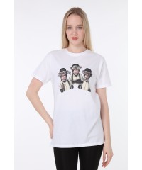 Üç Maymun Baskılı Beyaz Tişört | Uniseks
