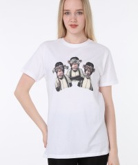 Üç Maymun Baskılı Beyaz Tişört | Uniseks