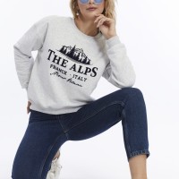 Kadife The Alps Desenli Gri Melanj Yumuşak Dokulu Regular Fit Bisiklet Yaka Kadın Sweatshirt