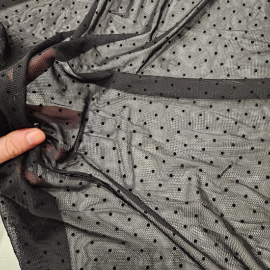 Siyah Küçük Flok Puantiyeli Tül Kumaş | A-02