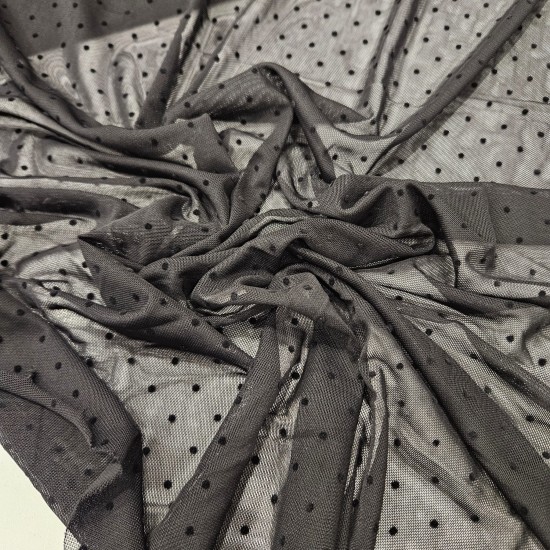 Siyah Küçük Flok Puantiyeli Tül Kumaş | A-02