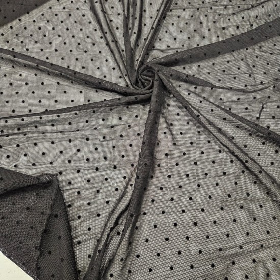 Siyah Küçük Flok Puantiyeli Tül Kumaş | A-02