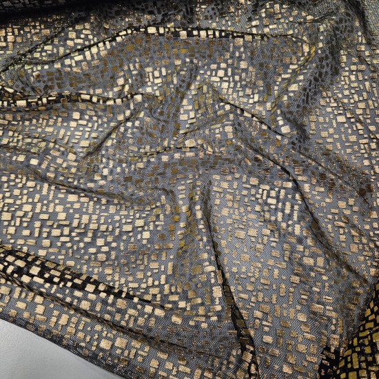 Altın Duvar Baskılı Likralı Siyah Tül Kumaş |  R4-13