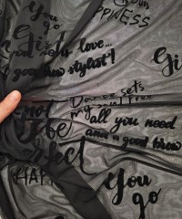 Siyah Flok Baskı Tül Parça Kumaş 