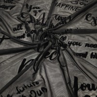 Siyah Flok Baskı Tül Parça Kumaş 