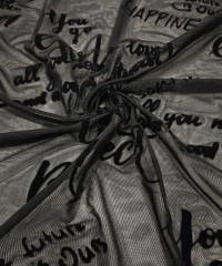 Siyah Flok Baskı Tül Parça Kumaş 