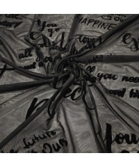 Siyah Flok Baskı Tül Parça Kumaş 