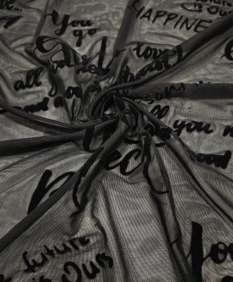 Siyah Flok Baskı Tül Parça Kumaş 