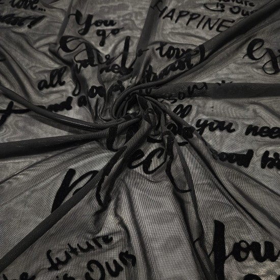 Siyah Flok Baskı Tül Parça Kumaş