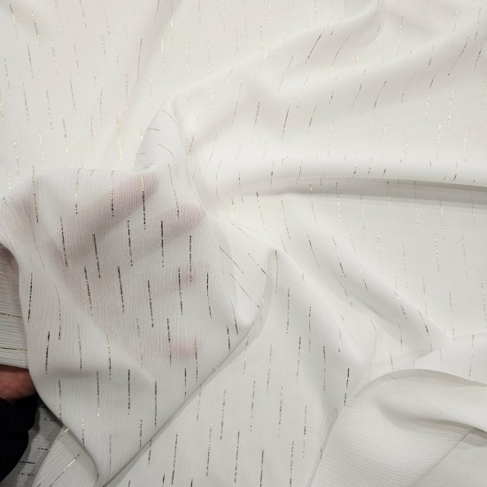 Gold Çizgi Simli Ekru Şifon Kumaş | B-21