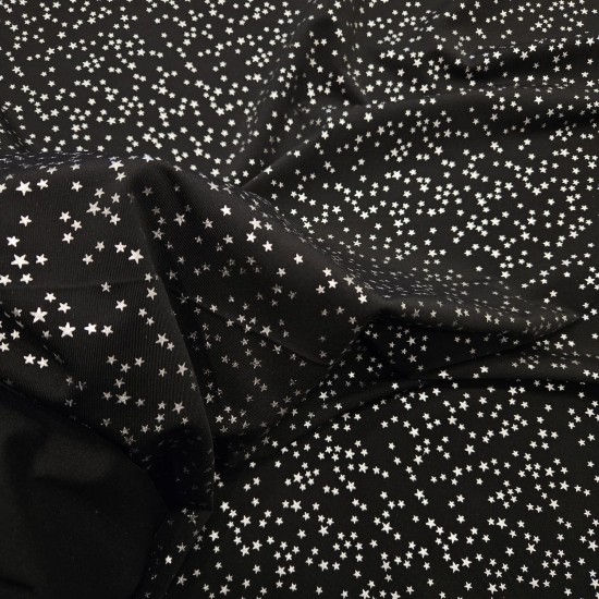 Gümüş Yıldız Baskı Siyah İnterlok Kumaş | C-1