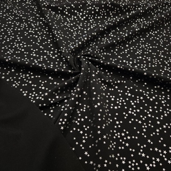 Gümüş Yıldız Baskı Siyah İnterlok Kumaş | C-1