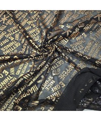 Bronz Yazı Baskılı Siyah Tül Parça Kumaş