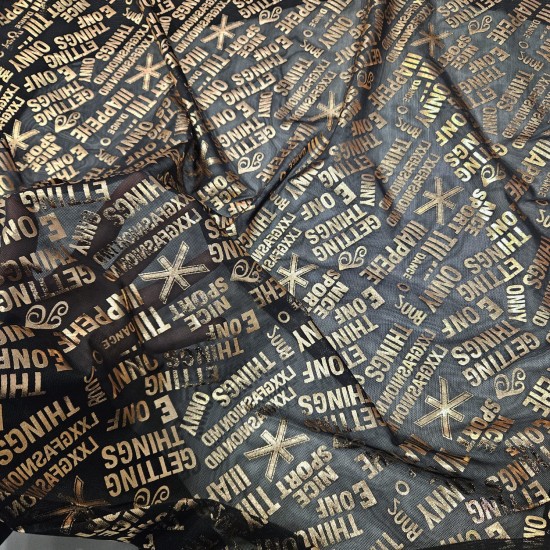 Bronz Yazı Baskılı Siyah Tül Parça Kumaş
