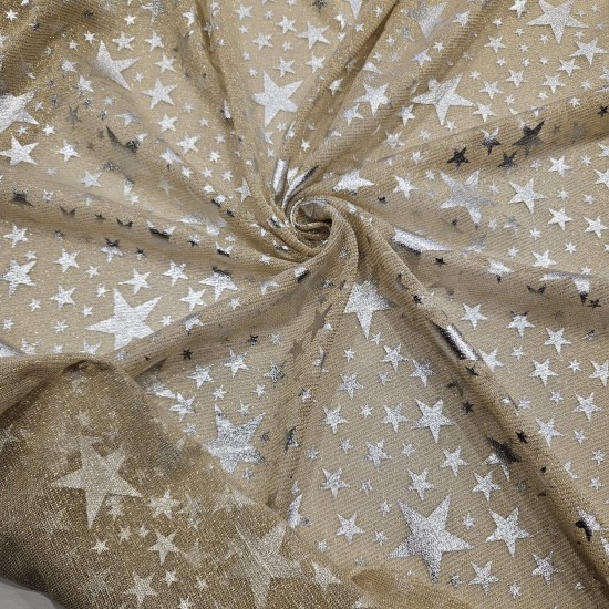 Gümüş Varak Yıldız Desen İnce Örme Kumaş | C3-14