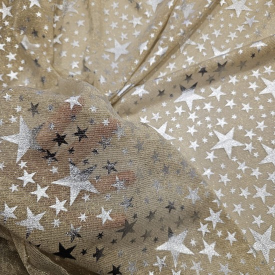 Gümüş Varak Yıldız Desen İnce Örme Kumaş | C3-14