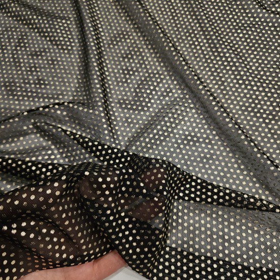 Altın Varak Kaplama Puantiye Siyah Tül Kumaş | K-11