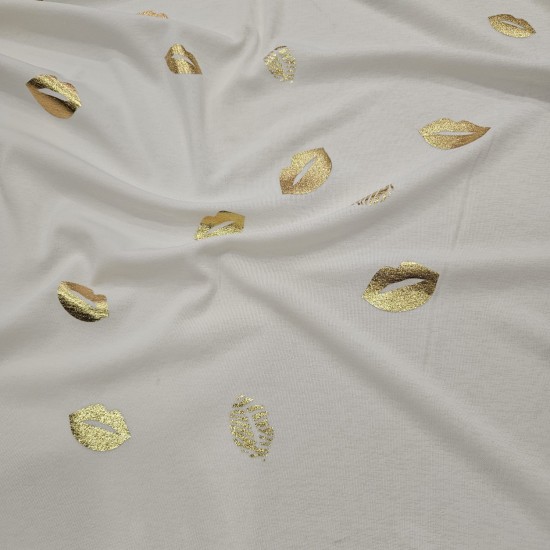 Altın Varak Dudak Desen Ekru Ribana Kumaş | K-14