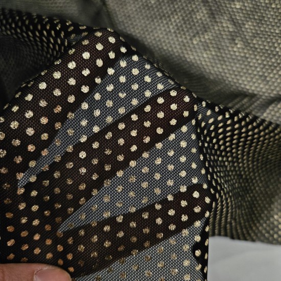 Altın Varak Kaplama Puantiye Siyah Tül Kumaş | K-11
