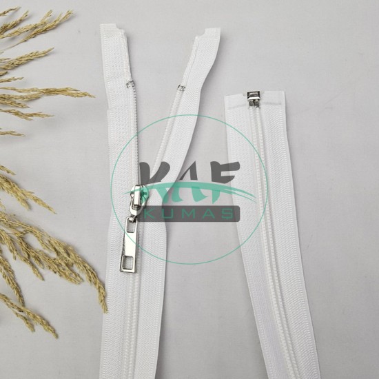 Ekru Renk Metal Elcikli Açık Uçlu Fermuar | Naylon Dişli Fermuar Uzunluk 65 cm