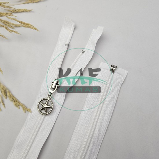 Ekru Renk Yıldız Elcikli Açık Uçlu Fermuar | Naylon Dişli Fermuar Uzunluk 65 cm