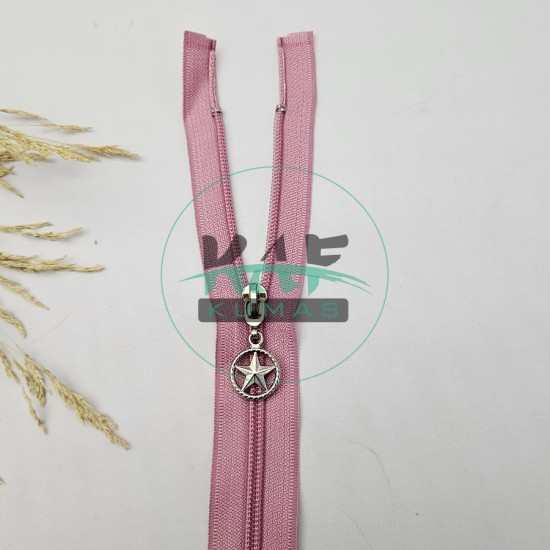 Gül Kurusu Renk Yıldız Elcikli Açık Uçlu Fermuar | Naylon Dişli Fermuar Uzunluk 75 cm