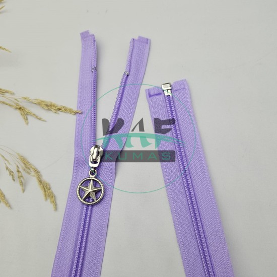 Lila Renk Yıldız Elcikli Açık Uçlu Fermuar | Naylon Dişli Fermuar Uzunluk 65 cm