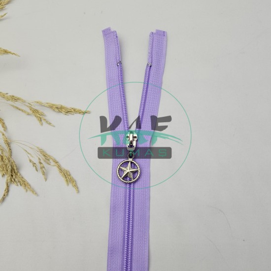 Lila Renk Yıldız Elcikli Açık Uçlu Fermuar | Naylon Dişli Fermuar Uzunluk 65 cm