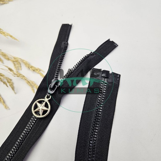 Siyah Renk Yıldız Elcikli Açık Uçlu Fermuar | Naylon Dişli Fermuar Uzunluk 58 cm