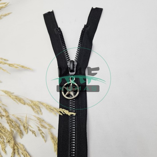 Siyah Renk Yıldız Elcikli Açık Uçlu Fermuar | Naylon Dişli Fermuar Uzunluk 58 cm