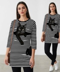 Siyah Beyaz Çizgili Kedi Desen Pano Kumaş 70x180 cm