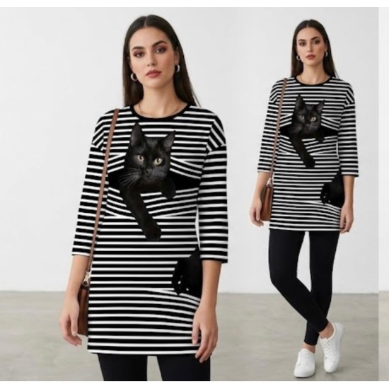 Siyah Beyaz Çizgili Kedi Desen Pano Kumaş 70x180 cm