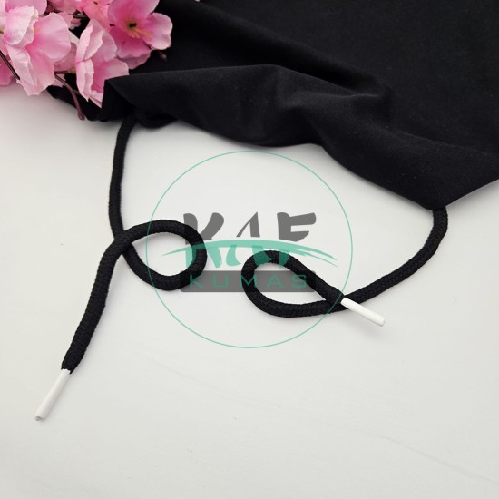 Özel Beyaz Sakız Uçlamalı 145 cm Siyah Kordon Bağcık | Sweatshirt-Eşofman İpi 1 Adet