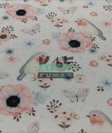 Baskılı %100 Pamuk İnterlok Kumaş | Kuşlar ve Çiçekler