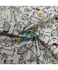 Baskılı %100 Pamuk İnterlok Kumaş |  Penye Gri Melanj Hayvanlar