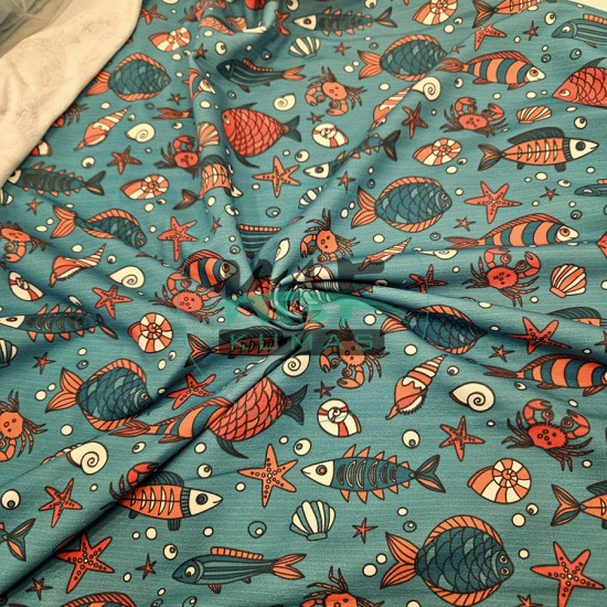 Baskılı Penye İki İplik Kumaş | Balık