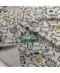 Baskılı Penye İki İplik Kumaş | Gri Melanj- Hayvanlar Baskılı Penye İki İplik Kumaş | Gri Melanj- Hayvanlar