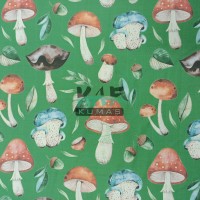 Baskılı %100 Pamuk Müslin Kumaş | Büyük Mantarlar (Yeşil Zemin)