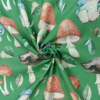 Baskılı %100 Pamuk Müslin Kumaş | Büyük Mantarlar (Yeşil Zemin)