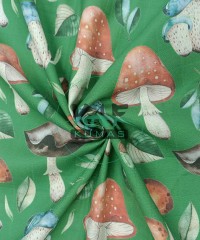 Baskılı %100 Pamuk Müslin Kumaş | Büyük Mantarlar (Yeşil Zemin)