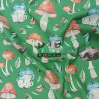 Baskılı %100 Pamuk Müslin Kumaş | Büyük Mantarlar (Yeşil Zemin)